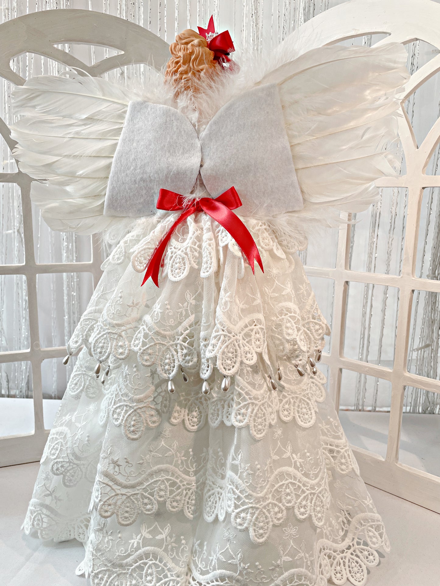 Back view -Blonde White Christmas Angel Treetopper, 18 Inch Tall Mantle Sized Holiday Treetop in White Tiered Lace Gown