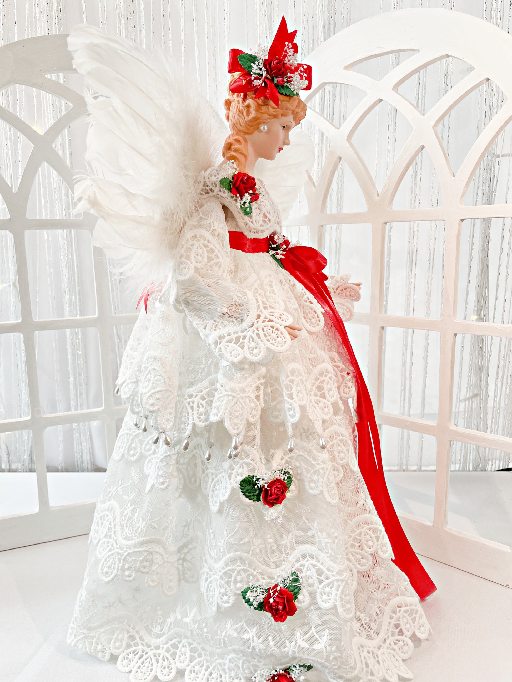 Side view -Blonde White Christmas Angel Treetopper, 18 Inch Tall Mantle Sized Holiday Treetop in White Tiered Lace Gown