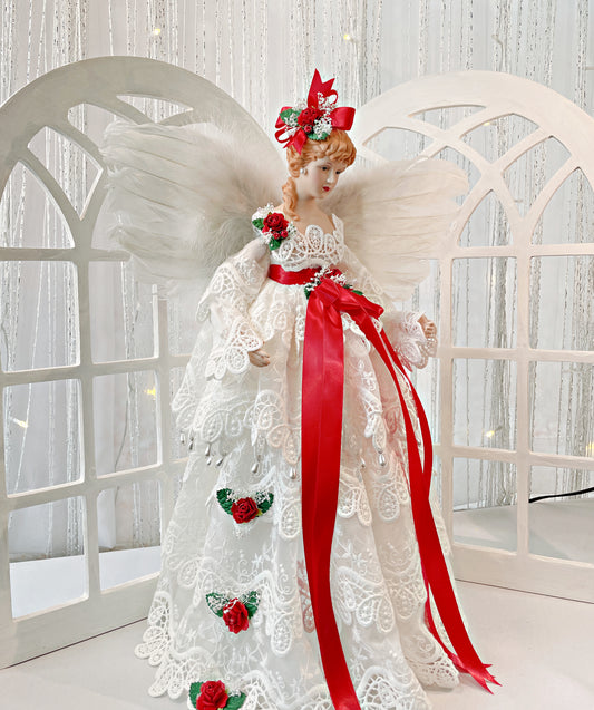 Blonde White Christmas Angel Treetopper, 18 Inch Tall Mantle Sized Holiday Treetop in White Tiered Lace Gown