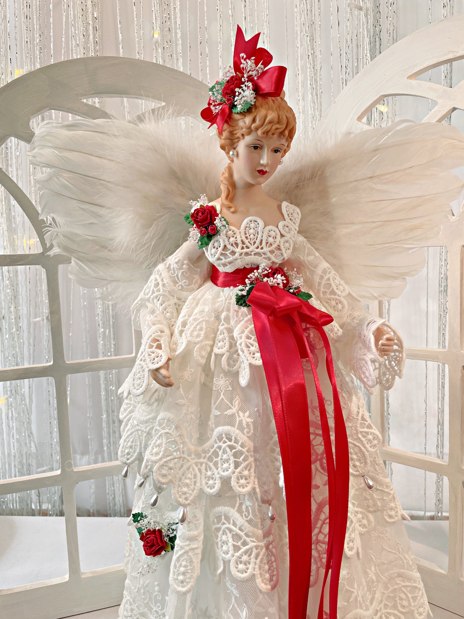 Blonde White Christmas Angel Treetopper, 18 Inch Tall Mantle Sized Holiday Treetop in White Tiered Lace Gown