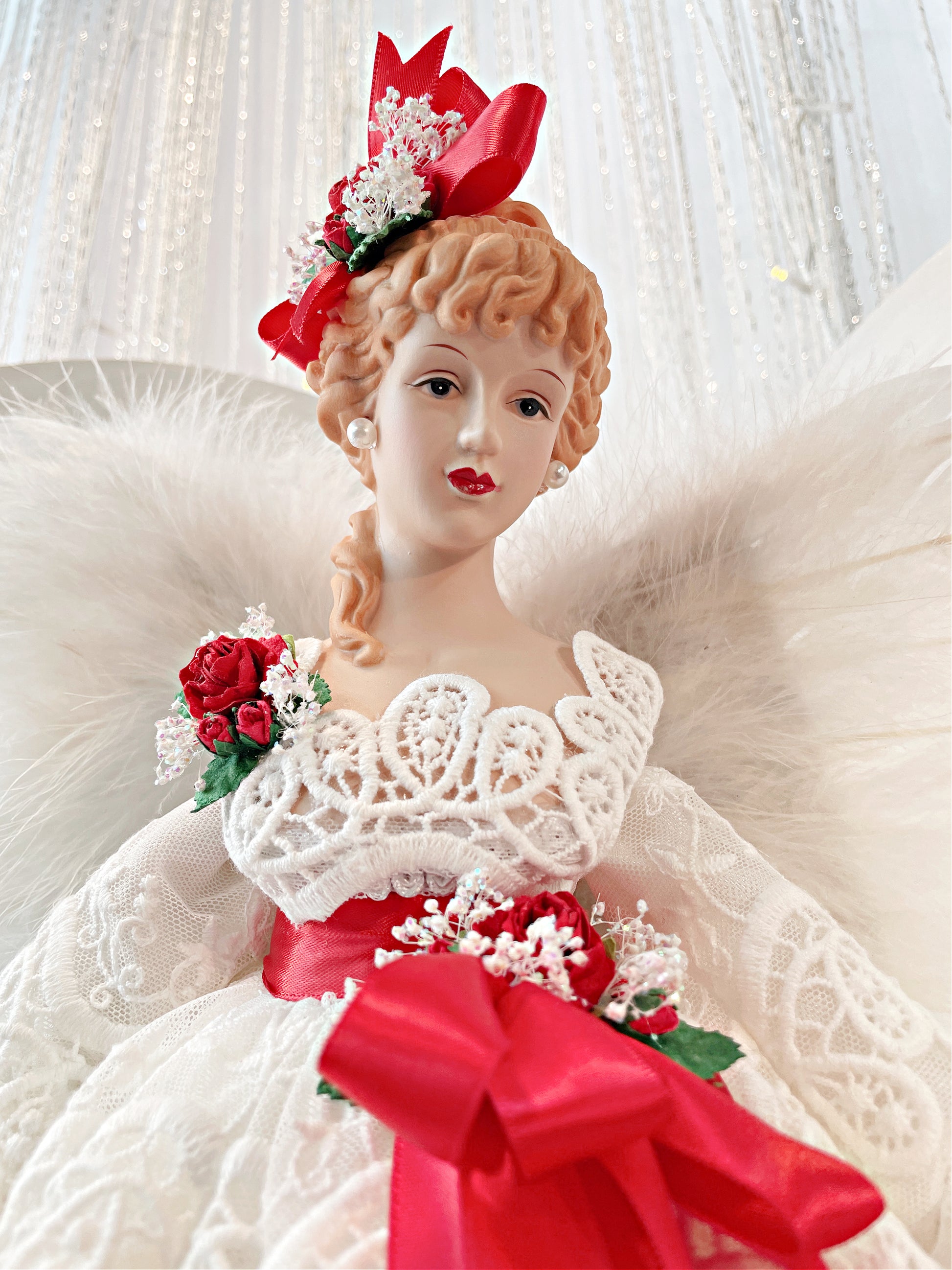 Blonde White Christmas Angel Treetopper, 18 Inch Tall Mantle Sized Holiday Treetop in White Tiered Lace Gown close up of the face and shoulders