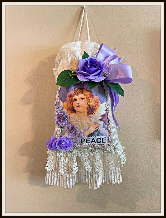 Large Gift Sachet Angel of Peace Pillow, Lilac and Ivory Wall Hanging Home Decor, Red Haired Victorian Angel Handmade OOAK Unscented