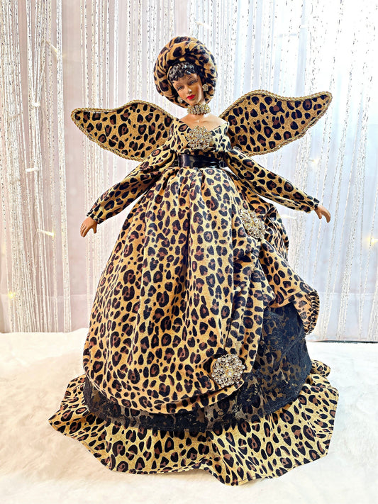 Christmas Treetopper Animal Print, Black Holiday Treetop In Leopard Print, African American Angel Topper, OOAK Home or Office Decoration