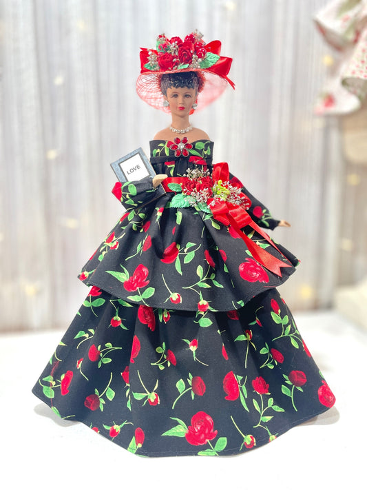 Black Art Doll "Red Roses" Home Decoration African American Gift Doll For Office Decor and Gift For Mother's Day
