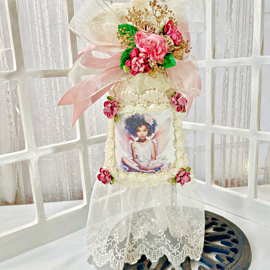 Black Fairy Themed Angel Sachet Wall Hanging Gift For Her, African American Angel Sachet, Flower Gift For Mom For Mothers Day, One of a Kind