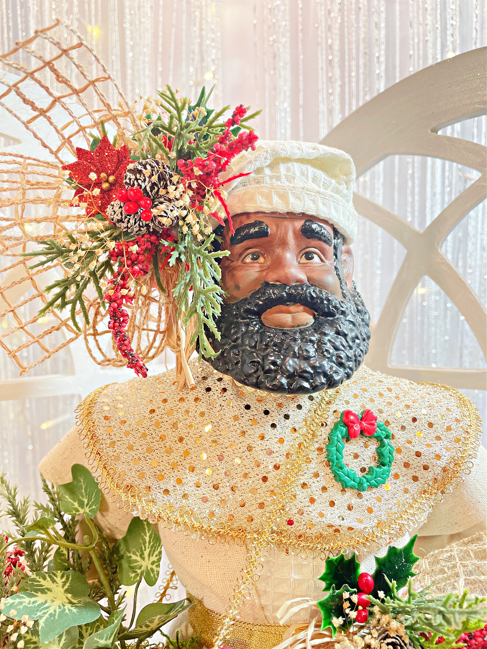 Face of a Black Male Santa Type For Christmas Mantle Decoration